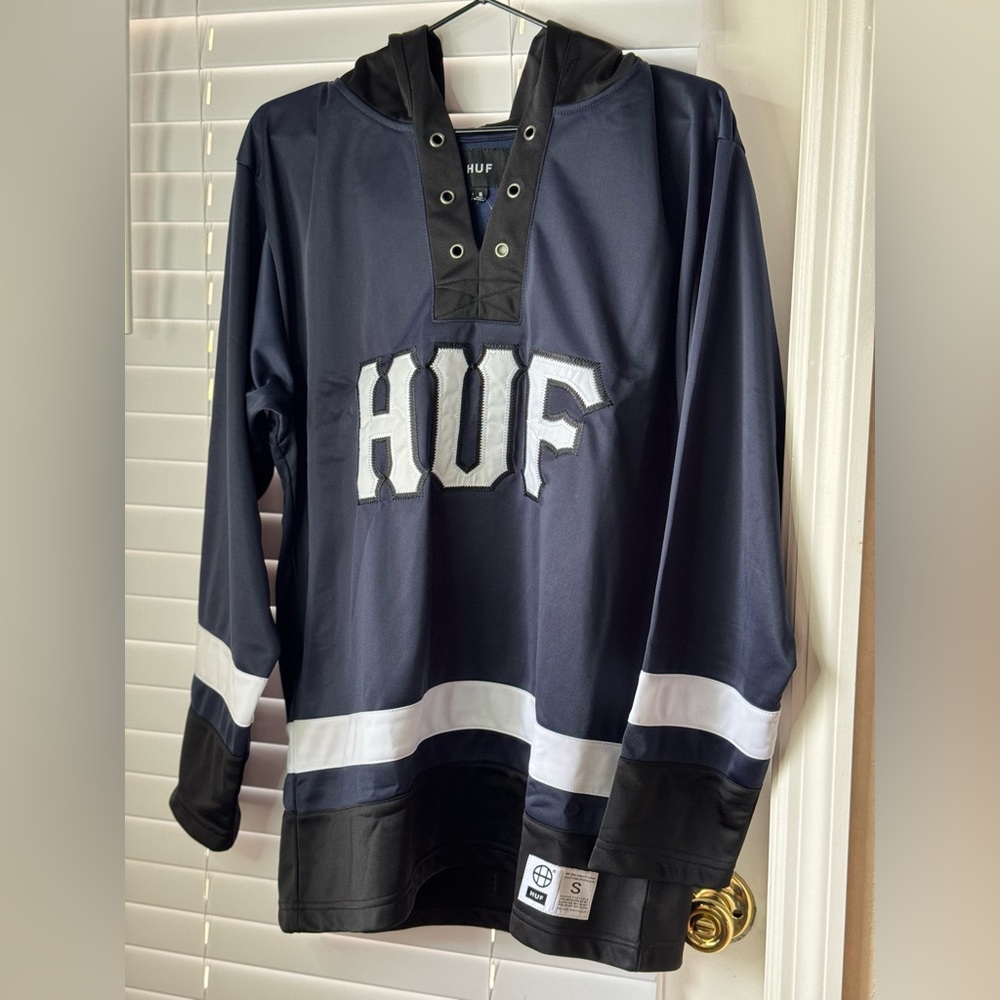 HUF Worldwide size Small Hockey Jersey Style Hoodie Navy/White. - Picture 3 of 11